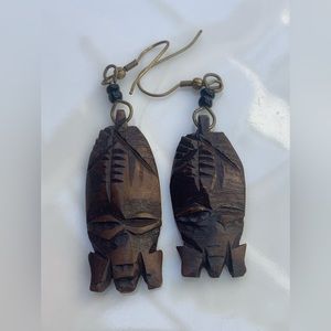Vintage African Tribal Face Wood Hand Carved Guro Zamble African Earrings 1970’s